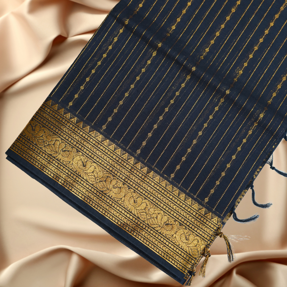 Chettinad Cotton Saree - Vaira Oosi Retta Petta Border Black with Gold